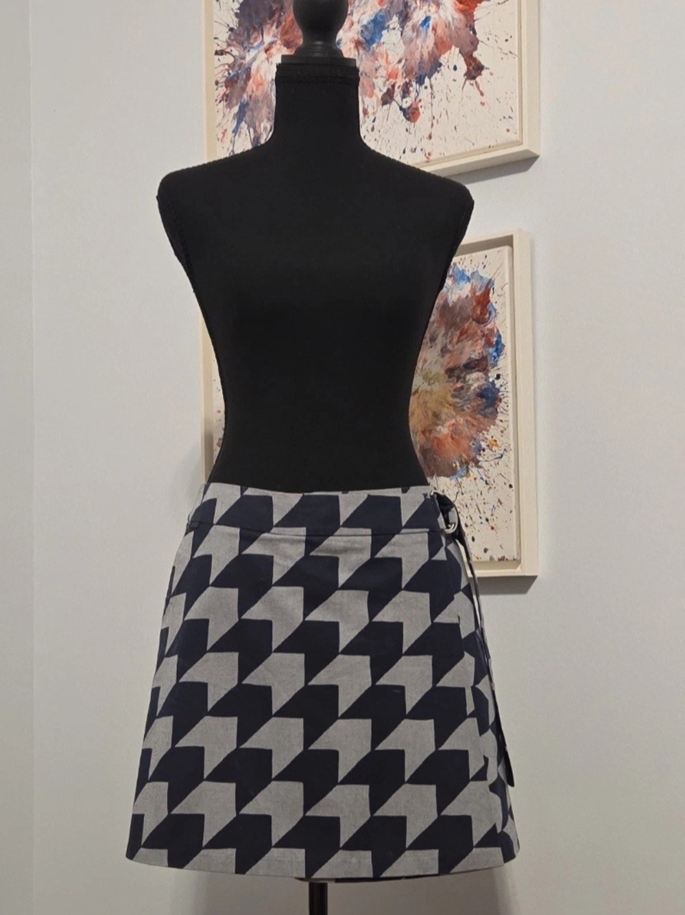 Lacoste Navy and Light Gray Houndstooth Wrap Mini Skirt